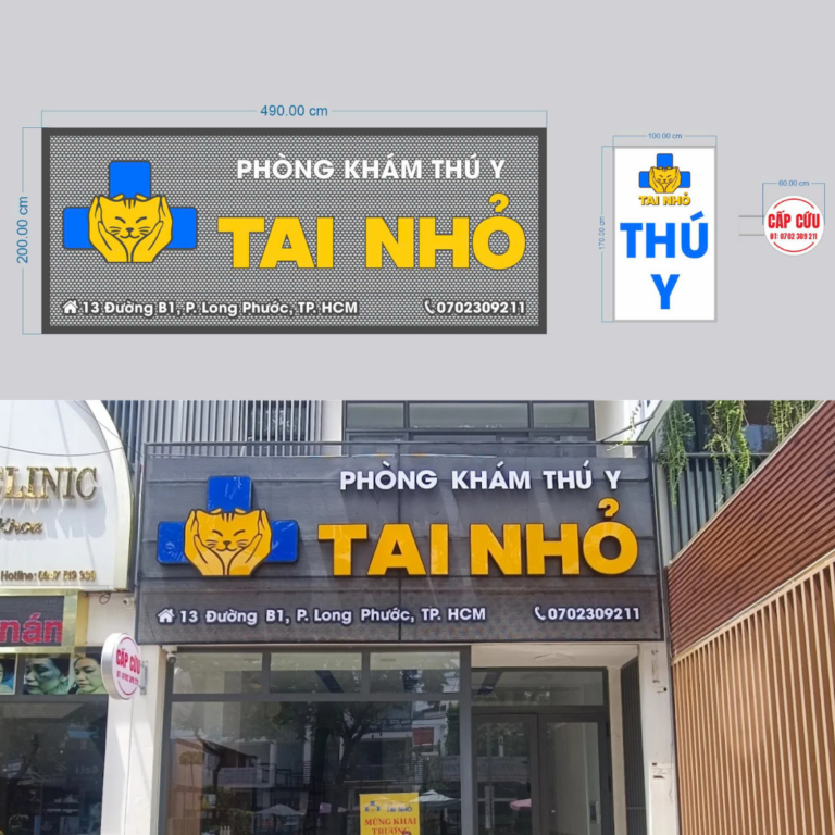 Thi công bảng hiệu Thú Y Tai Nhỏ – nền Tôn Đục Lỗ kết hợp Chữ nổi Mica