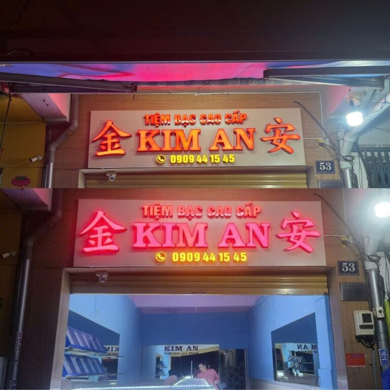 Thi công bảng hiệu Alu chữ nổi Mica đèn LED – Tiệm Bạc Kim An