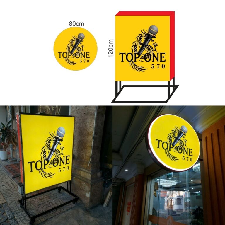 Thi công Hộp đèn Mica tròn & Biển hiệu đứng có bánh xe – Karaoke Top One